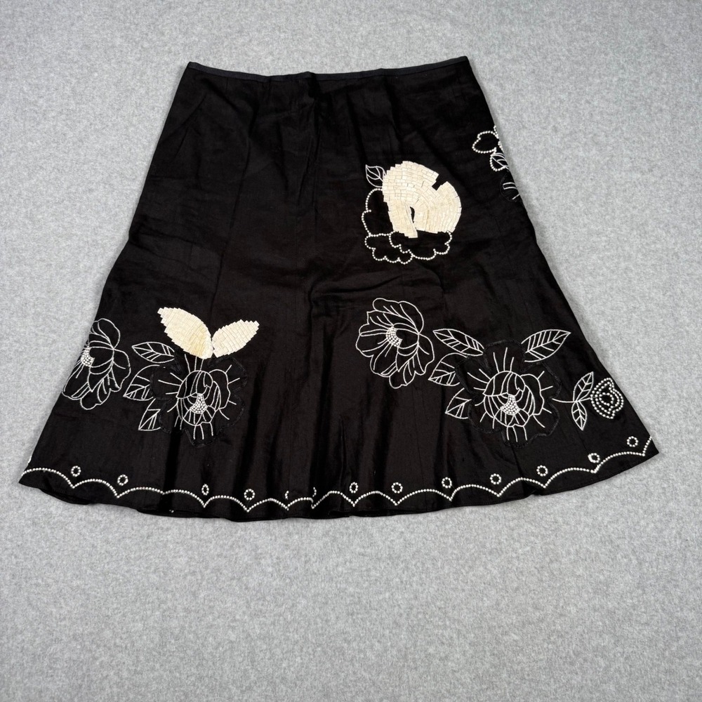 Etcetera Black Linen Blend Embroidered Floral Beaded A-Line Skirt Womens Size 8